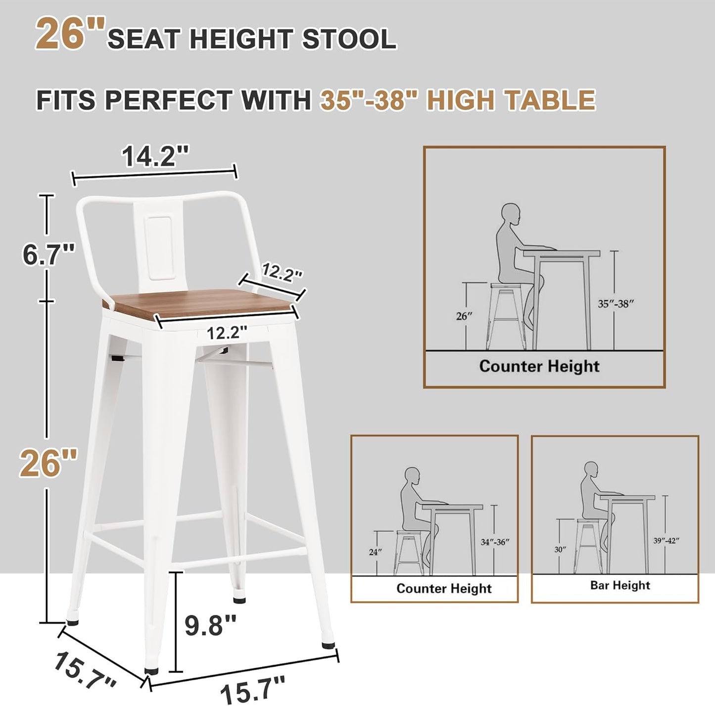 26 Inch Swivel Bar Stools Set of 4 with Backs Counter Height Industrial Metal Barstools Island Bar Chairs for Home Kitchen Dining Room (Swivel 26 inch, White Wooden)