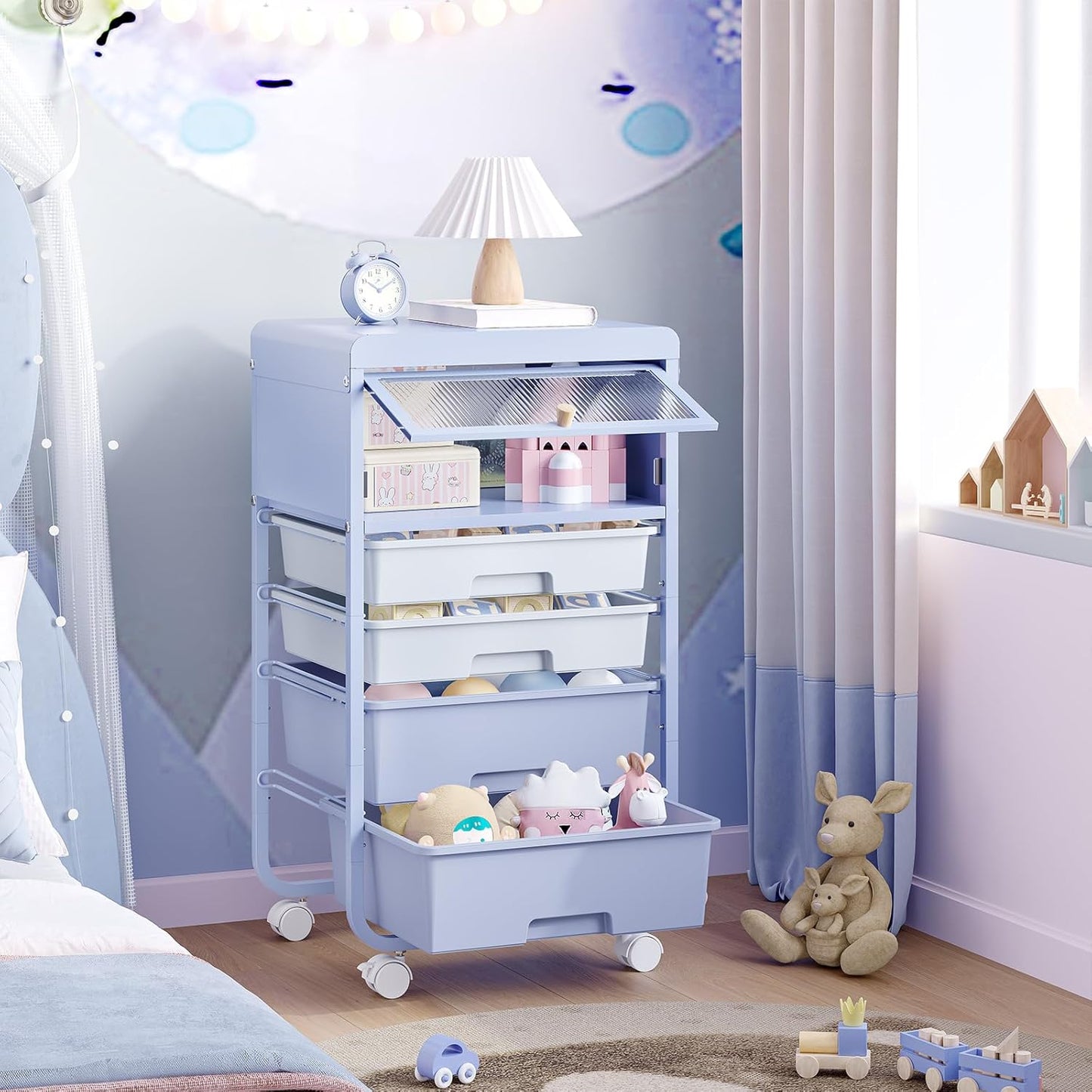 Utility-Rolling-Storage-Drawer-Craft-Cart-Organizers with 4 Drawers & Dust-Proof Door for Kid Craft Art Room,Bedroom,Home Office, Lavender Purple