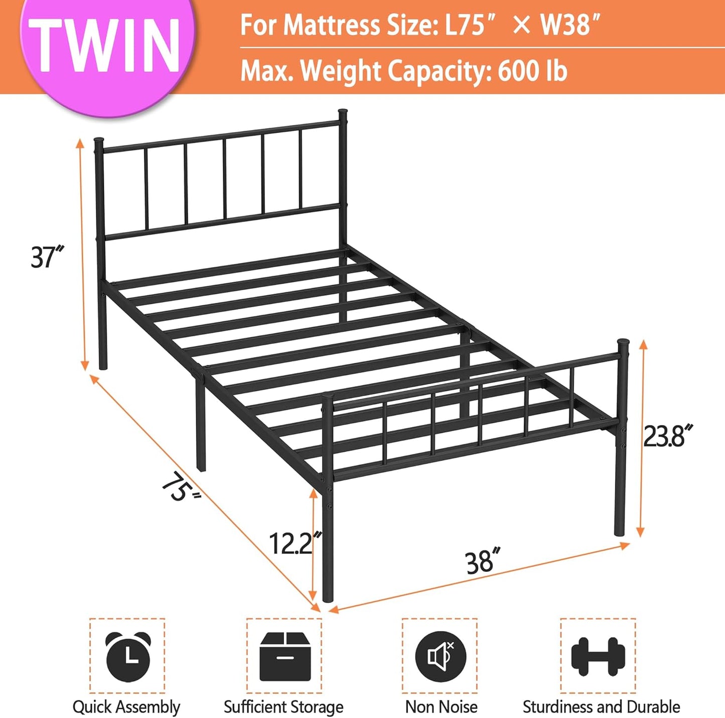 Twin Bed Frame-Classic Metal Platform Bed Frame,Mattress Foundation with Steel Slat Support,Under Foundation Storage,No Box Spring Needed, Easy Assembly, Twin Size