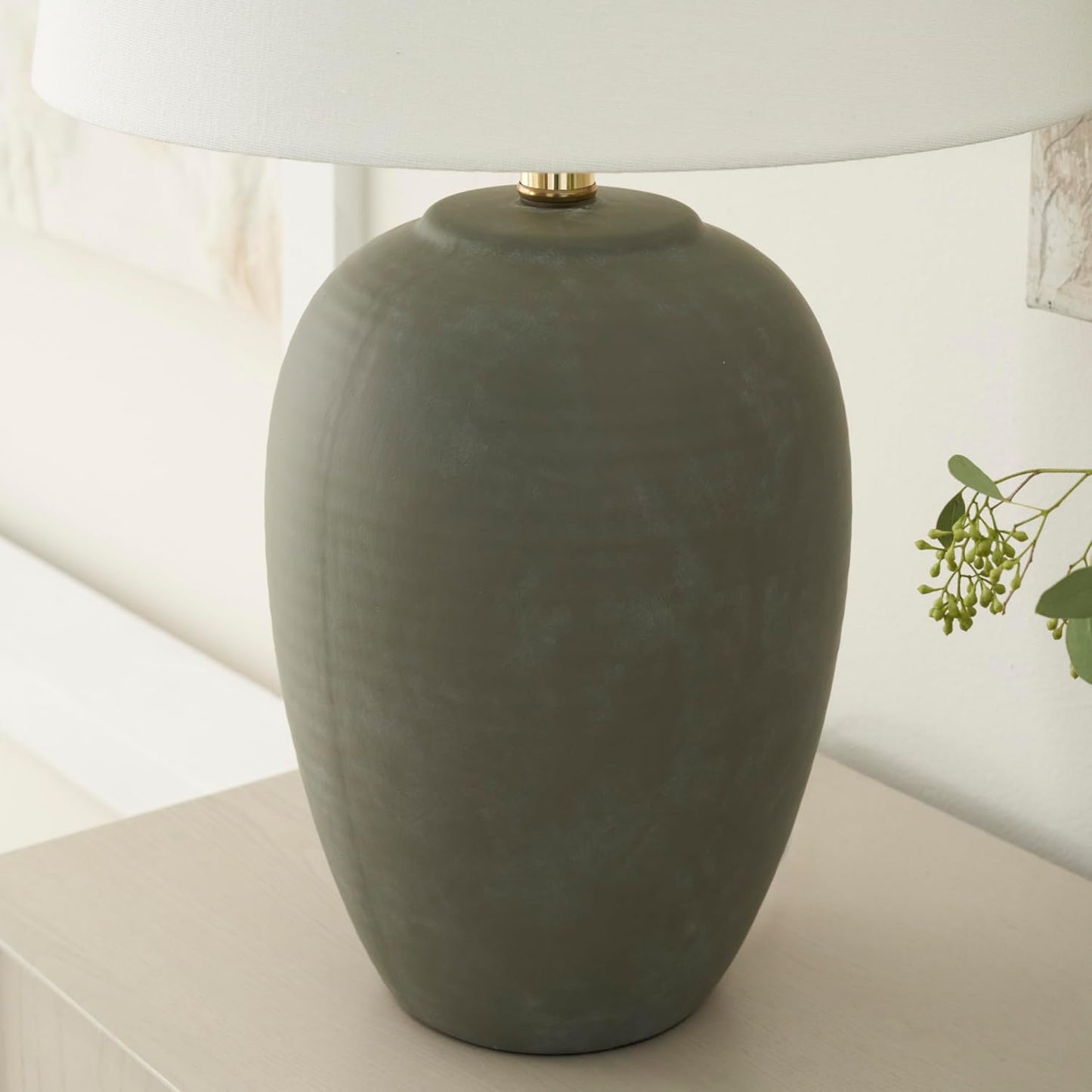 Nourison Home 23" Olive Green Ceramic Pot Table Lamp for Bedroom, Living Room, Dining Office, with White Tapered Drum Shade