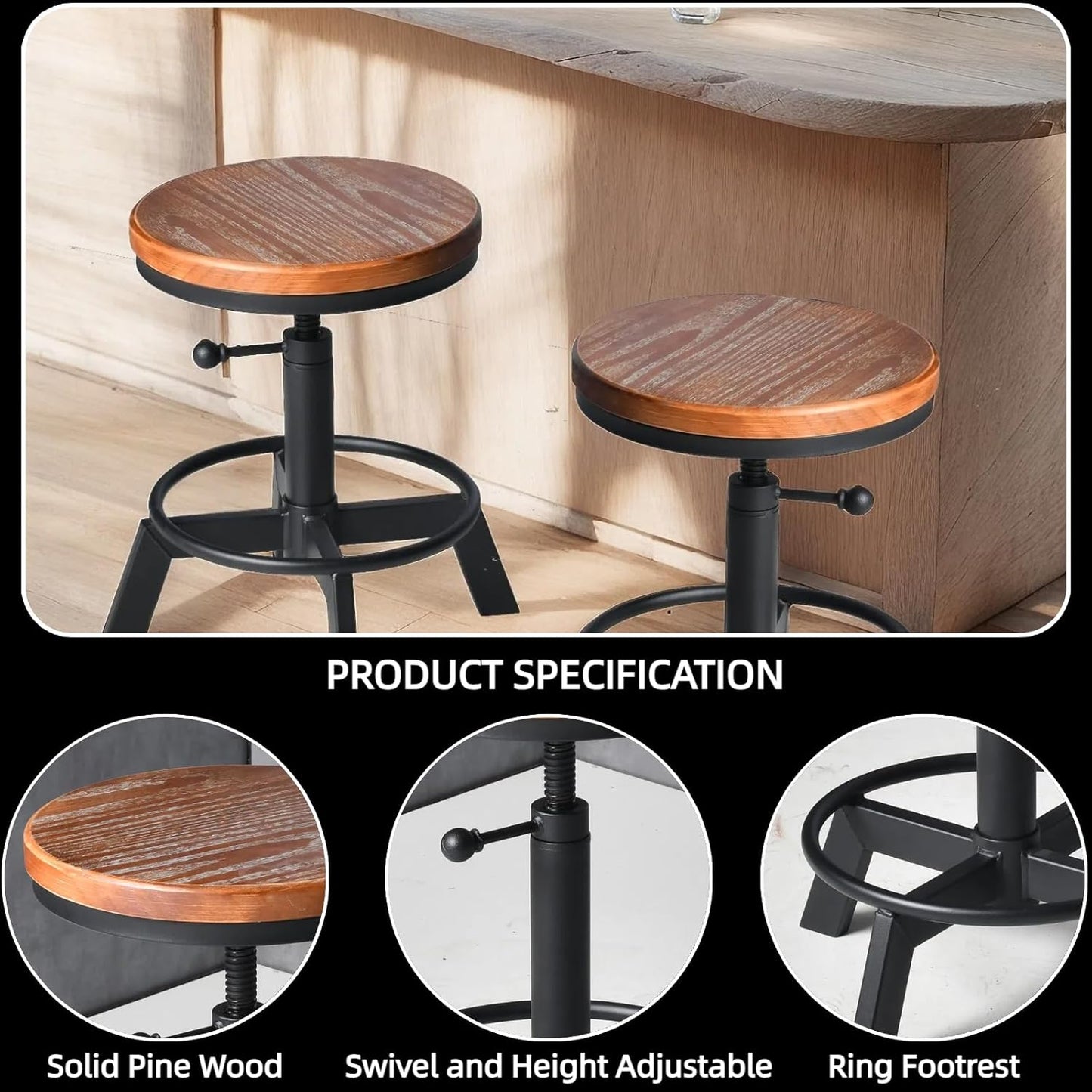 Set of 2 Industrial Bar Stools Short Stool Swivel Wooden Seat Kitchen Island Chairs Counter Height Adjustable 15.2-21inch