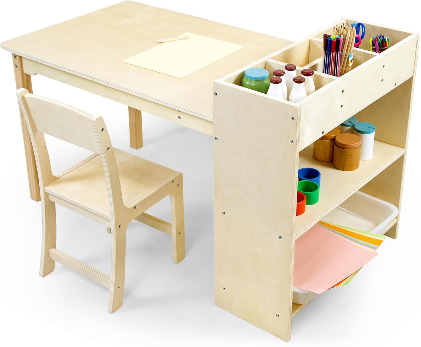 Kids Art Table and Chair Set, Birch Wooden Activity Craft Table, Kids Drawing Table, Toddler Desk with Storage and 1 Chair