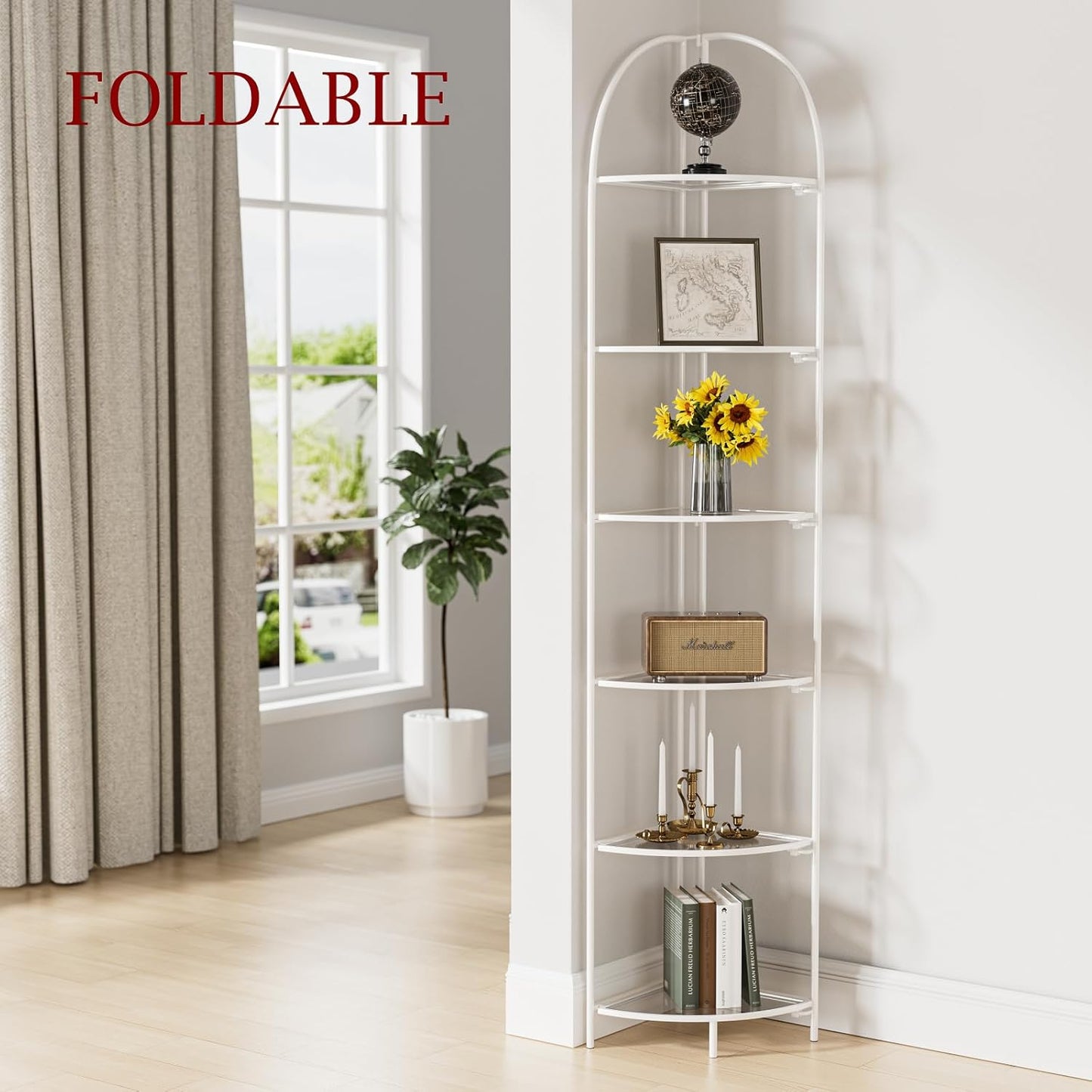 Crofy Foldable 6 Tier Corner Shelf, Metal Corner Plant Stand with White Frame and Transparent Shelves, Corner Display Rack Multipurpose Shelving Unit for Living Room, Bedroom, Bathroom