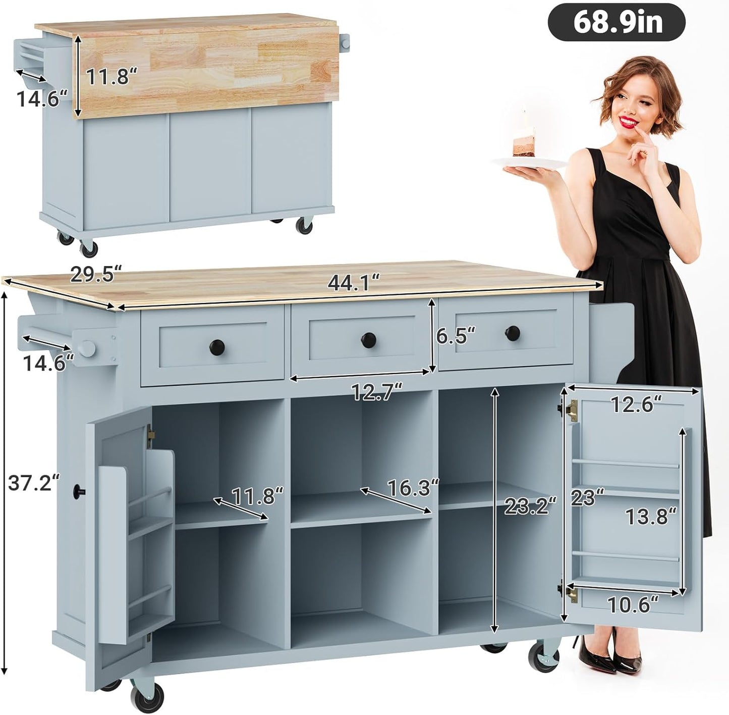 Rovibek Kitchen Island with Drawers 53 in Rolling Island Cart Mobile Portable Islands on Wheels Solid Wood Island with Storage Cabinet & Drawers, Blue