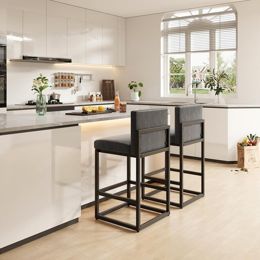 Barstools Set of 2 Grey Metal Bar Stools Modern Bar Chairs Pu Leather for Kitchen Island Counter Height Cafe Resturant Stools, 26 Inch