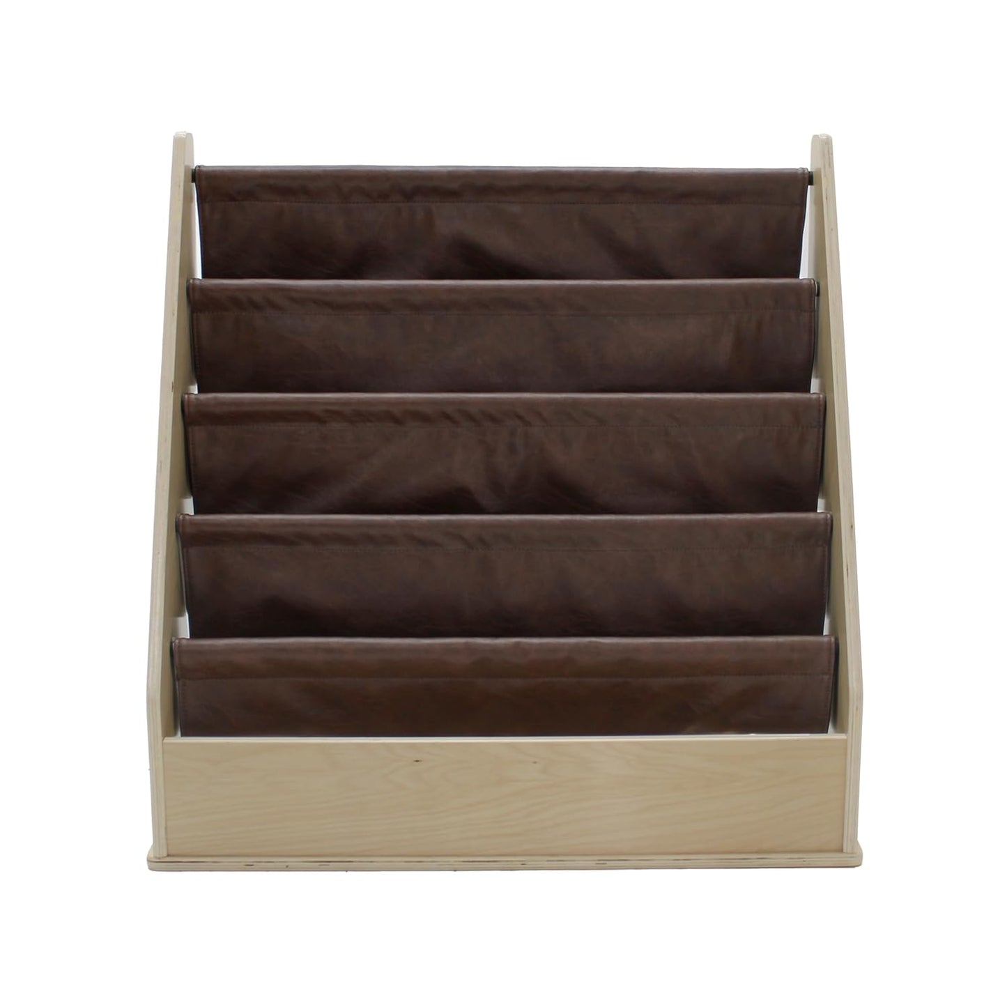 Factory Direct Partners Rustic Kid Birch Sling Book Display; Distressed Faux Leather 4-Shelf Storage for Books or Magazines; Furniture for Bedroom, Playroom, Daycare or Classroom - Walnut, 13745-323