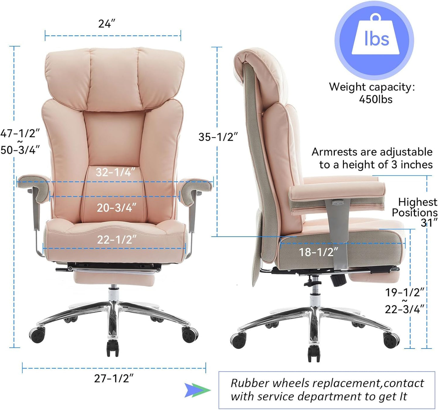 Efomao Big and Tall Ergonomic Office Chair 450LBS with Foot Rest, High Back PU Leather Executive Chair with Adjustable Padded Armrests, Lumbar Support for Home or Work, Heavy Duty Computer Chair, Pink