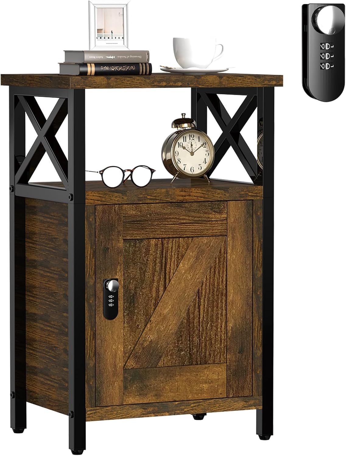 Night Stand with Locking Drawer, Bedside Table with Drawers, Wooden Bed Side Table with Storage, Nightstand with Shelves, End Night Tables For Bedroom, Living Room, Dorm, Office (Rustic Brown)