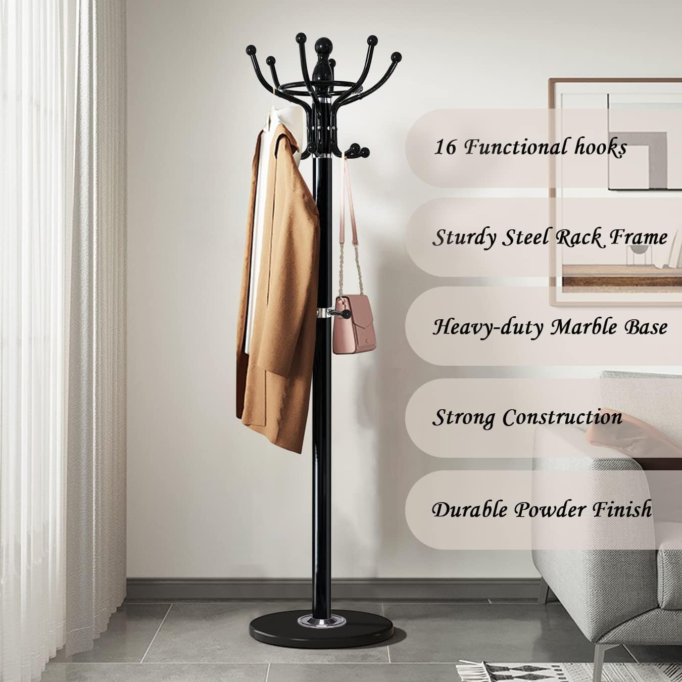 Kertnic Freestanding Coat Rack with 16 Hooks & Marble Base - Heavy Duty Metal Hall Tree Stand for Entryway, Hats, Coats, Bags Rack- Modern Hanger Organizer for Home, Office, Dorm (16 hooks -Black)
