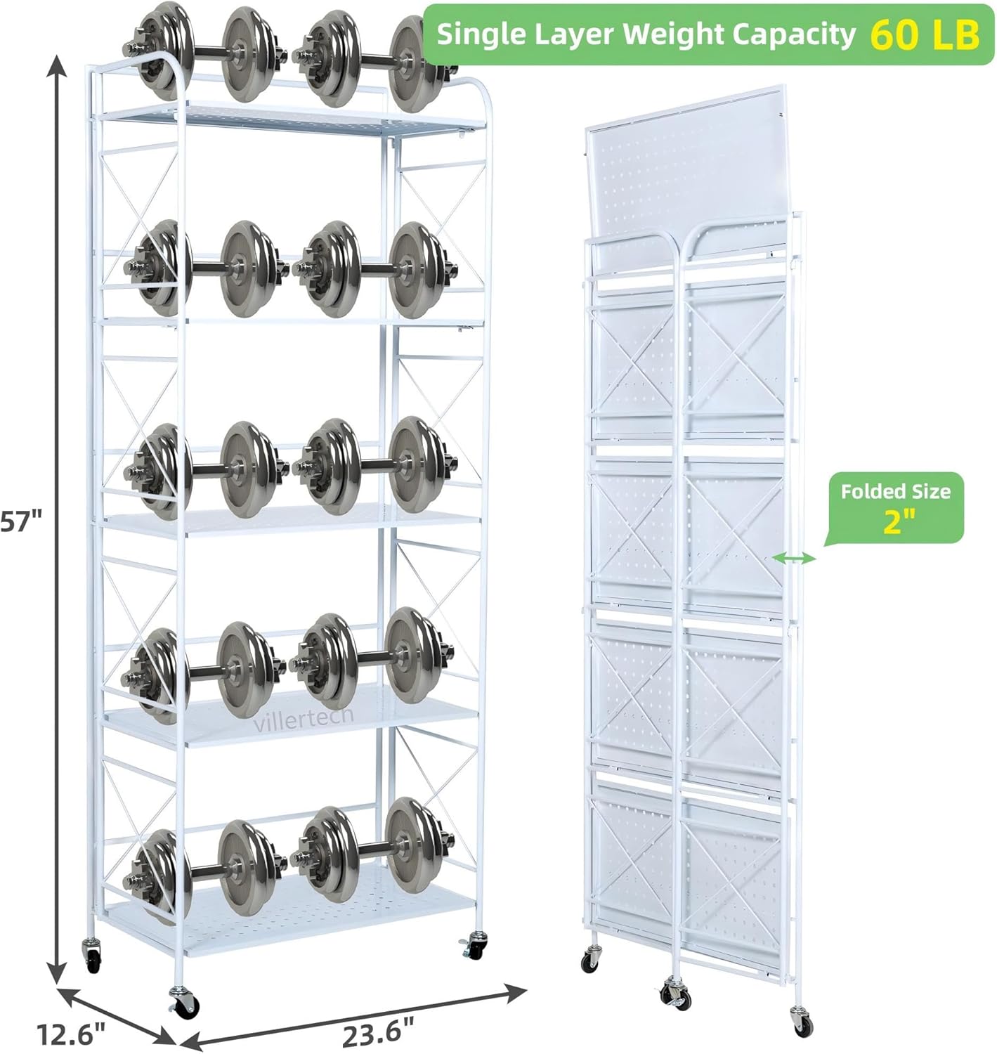 Foldable 5-Tier Metal Shelf with Wheels - Folding Bookshelf Unit for Living Room, Kitchen, Study 12.6" D x 23.6" W x 57.0" H, Glossy White