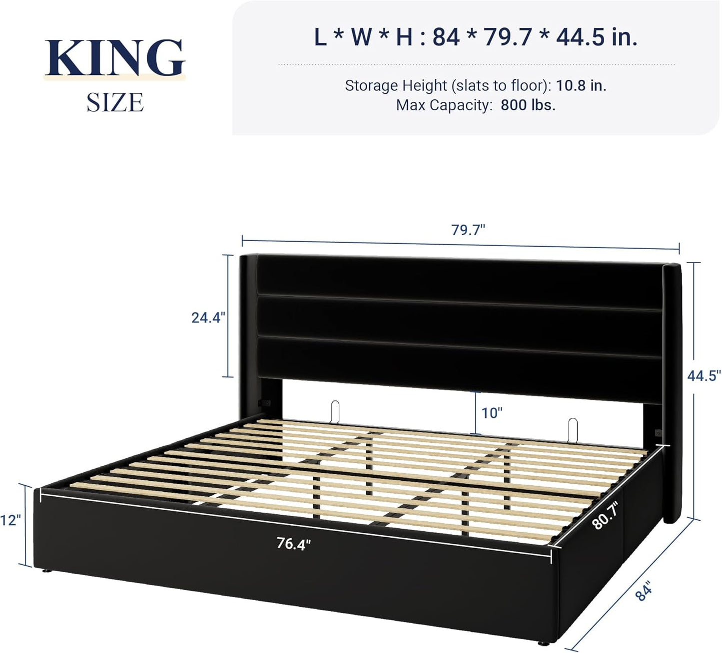 Allewie King Size Velvet Lift Up Storage Bed, Modern Wingback Headboard, Hydraulic Support, No Box Spring Needed, Black