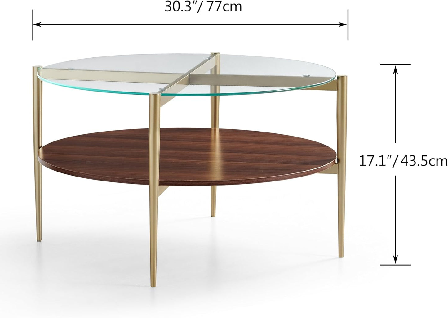 Saint Mossi BLEVIO Glass Round Coffee Table, Middle-Century Modern Style, Perfect for Living Room, Clear Glass Top & Walnut Brown MDF Wood Top, with Gold Finish Legs & Frame