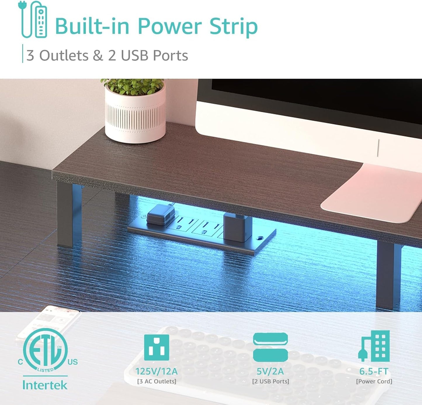 Lufeiya Gaming Desks with Led Lights and Power Outlets, 55 Inch Computer Desk with File Drawers Cabinet, Home Office Desk with Shelves Monitor Stand, Black