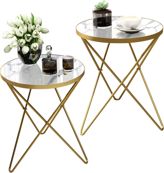 HLR Modern Round Side Table Set of 2, End Table with Marble Effect Top and Gold Metal Frame, Small Side Table for Living Room, Bedroom, Sofa and Couch, Gold Legs, White Marble top