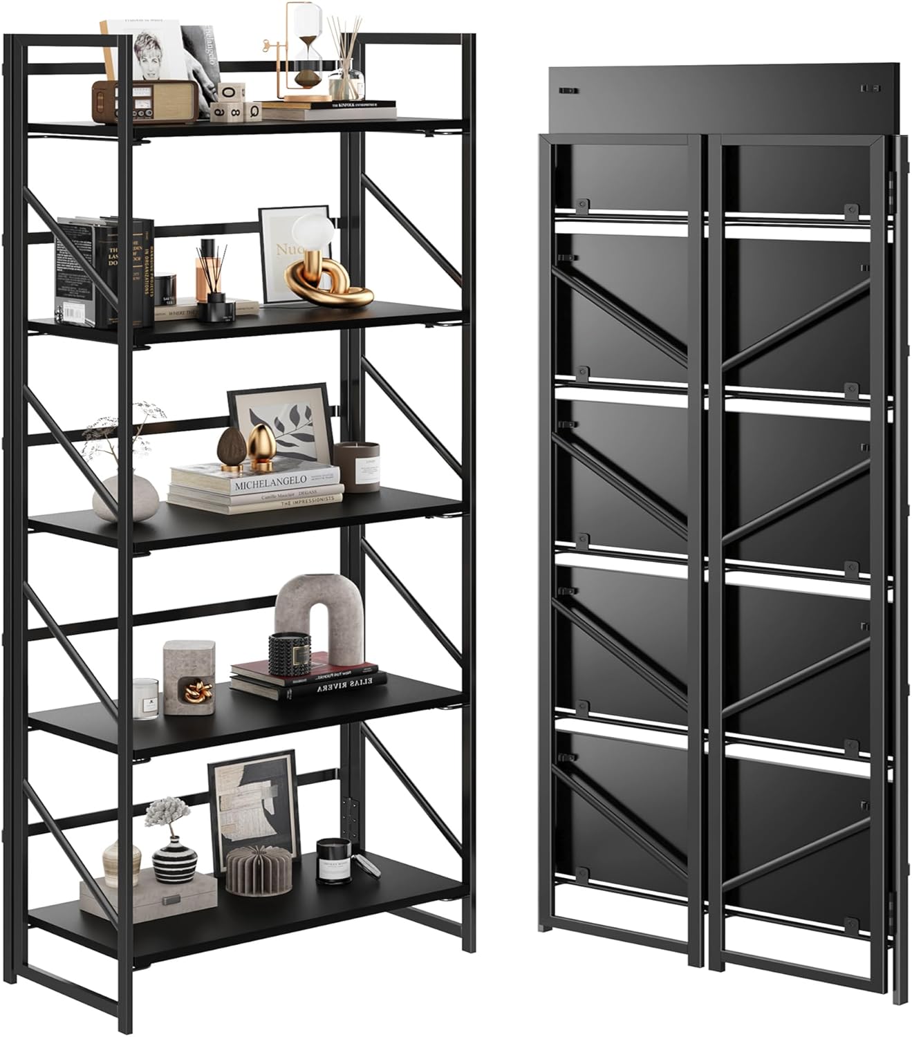 JSB No Assembly Folding Bookshelf, 5 Tier Industrial Metal Book Shelf for Storage, Vintage Wood Foldable Bookcase for Living Room, Bedroom, Office Organization Shelves