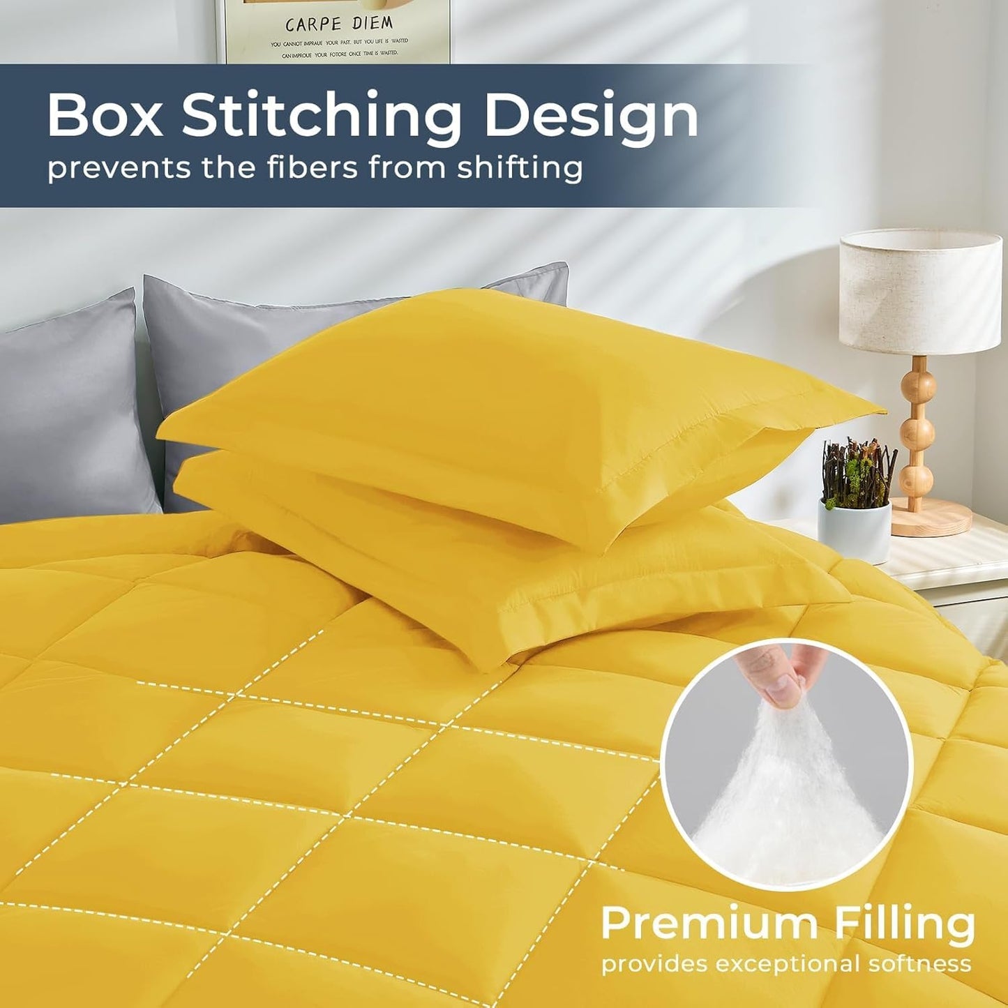 HEVUMYI Twin-XL Comforter Set - 5-Piece All Season Bed in a Bag Twin-XL, Ultra Soft Bedding Set with Comforter, Flat Sheet, Fitted Sheet, Pillowcases, Pillow Shams, Yellow & Light Grey