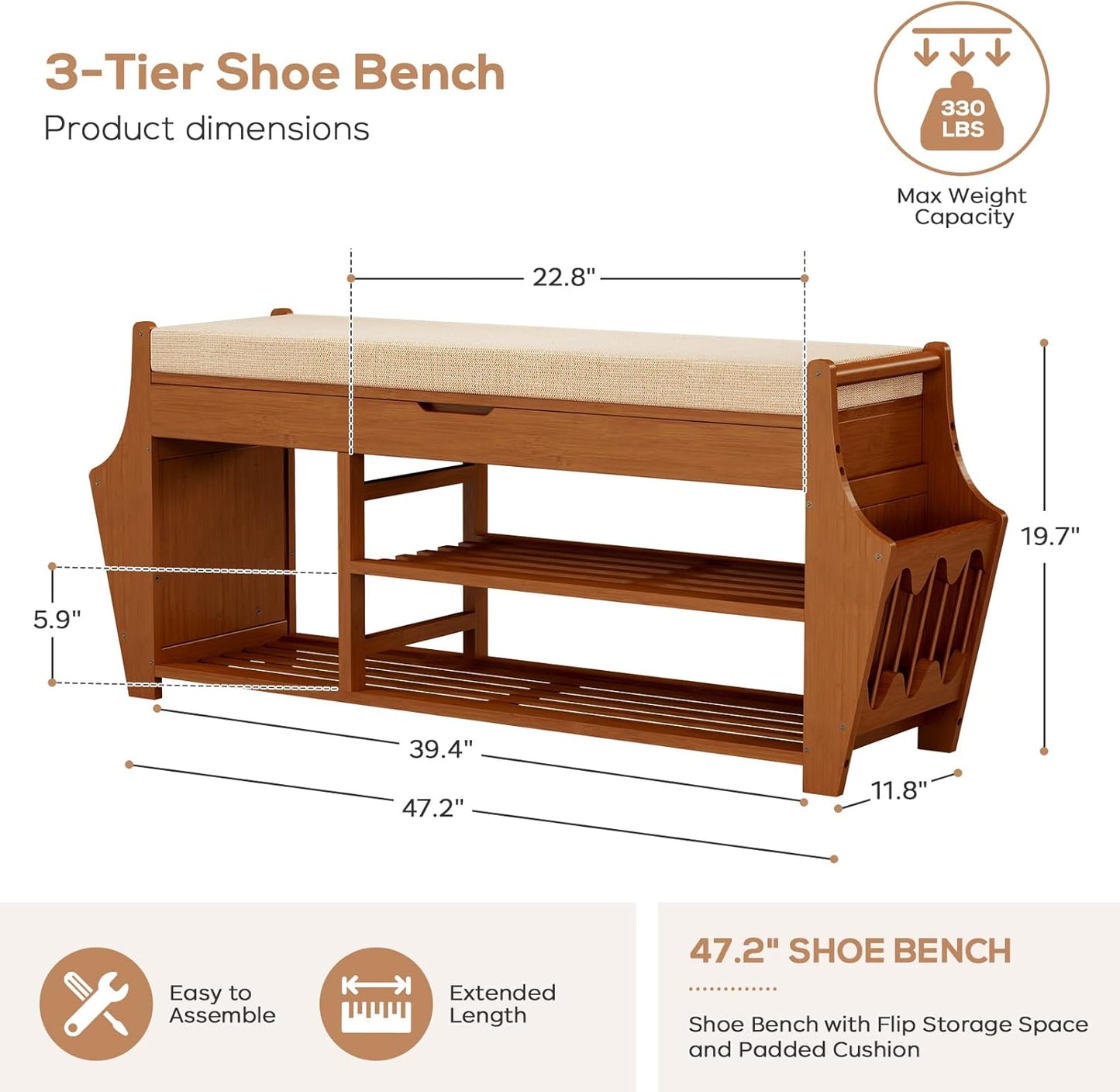 47.2in Shoe Bench Entryway - Bamboo Shoe Rack Bench with Storage, Shoe Rack Organizer with Cushion, 2 Side Holder, Holds Up tp 330lbs for Front Door Entrance, Living Room