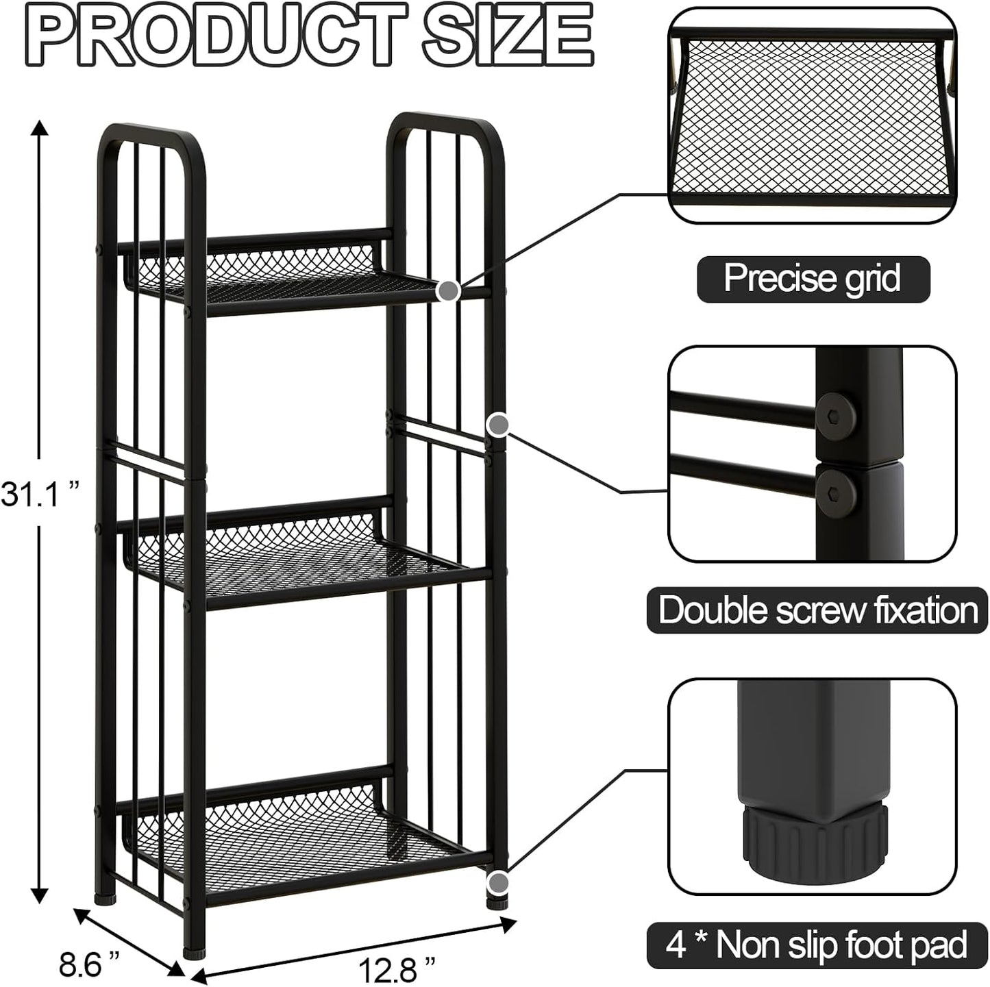 Bookshelf Storage Shelf Bookcase Freestanding Storage Stand for Living Room, Bedroom, Kitchen, Rust Resistance, Easy Assemblyl Free Combination Multi-Functional Organizer (3 Tiers, Black)