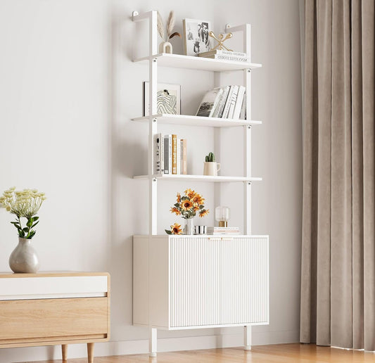 74" Tall Bookshelf with Storage Cabinet, Modern Ladder Shelf with Wood and Metal Frame, Wall Mount Bookcase Open Display Shelf Furniture for Living Room, Bedroom, Home Office, White