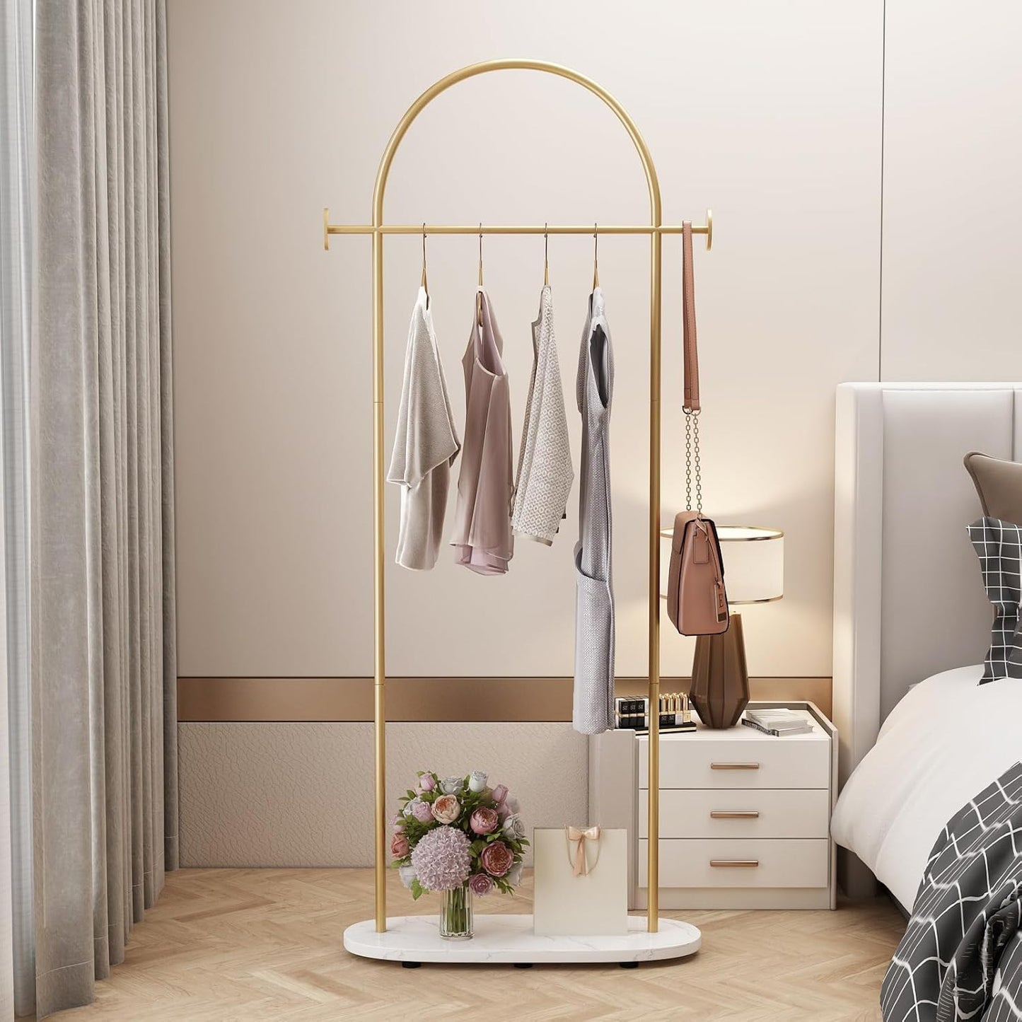 Gold Clothing Rack, Modern Clothes Rack with Shelf, Heavy Duty Freestanding Coat Rack, Metal Coat Hanger Stand with Hooks for Boutique Office