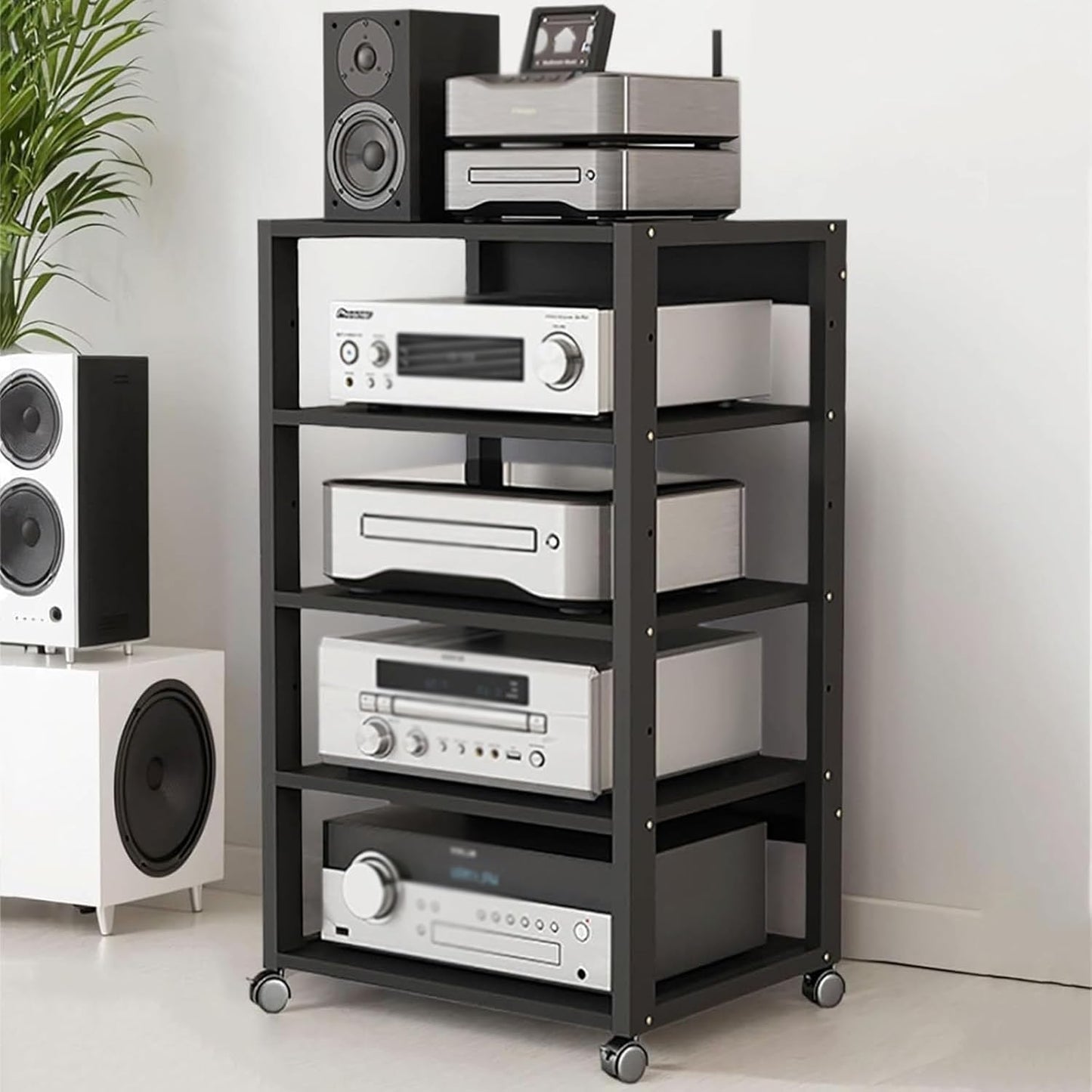 5 Tier Audio Rack Tower, CD Record Player Stereo Receiver AV Equipment Cabinet Display Rack, Weight Capacity 220 lbs, with Adjustable Wooden Shelves for Home (Black-2, 5tier)