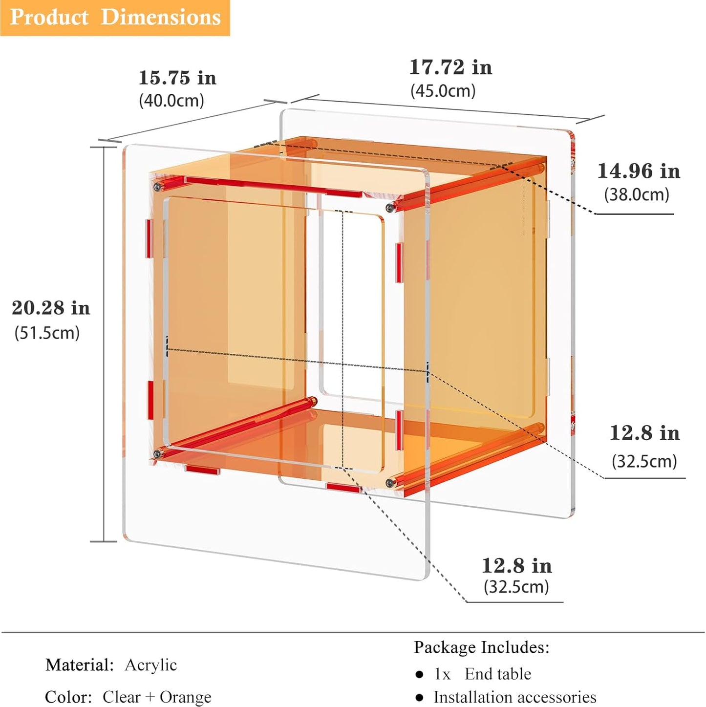 Acrylic Nightstand, Side Table, Record Player Table, End Table with Open Storage Shelf for Living Room, Bedroom, Home, Office Reception (Orange)