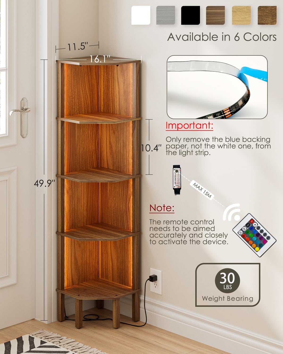 Corner Shelf, 5 Tier Corner Bookshelf with LED Light,Wall Display Corner Shelf Stand with Storage Rack for Living Room,Bedroom,Office,Walnut