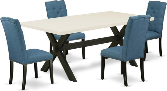 East West Furniture X627EL121-5 5 Piece Dining Table Set for 4 Includes a Rectangle Kitchen Table with X-Legs and 4 Blue Linen Fabric Parson Dining Room Chairs, 40x72 Inch, Multi-Color