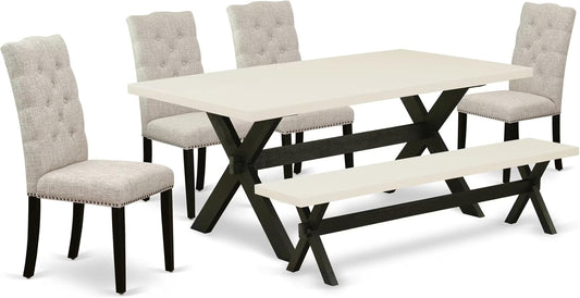 East West Furniture X627EL635-6 6 Piece Dining Table Set Contains a Rectangle Dining Room Table with X-Legs and 4 Doeskin Linen Fabric Parson Chairs with a Bench, 40x72 Inch, Multi-Color