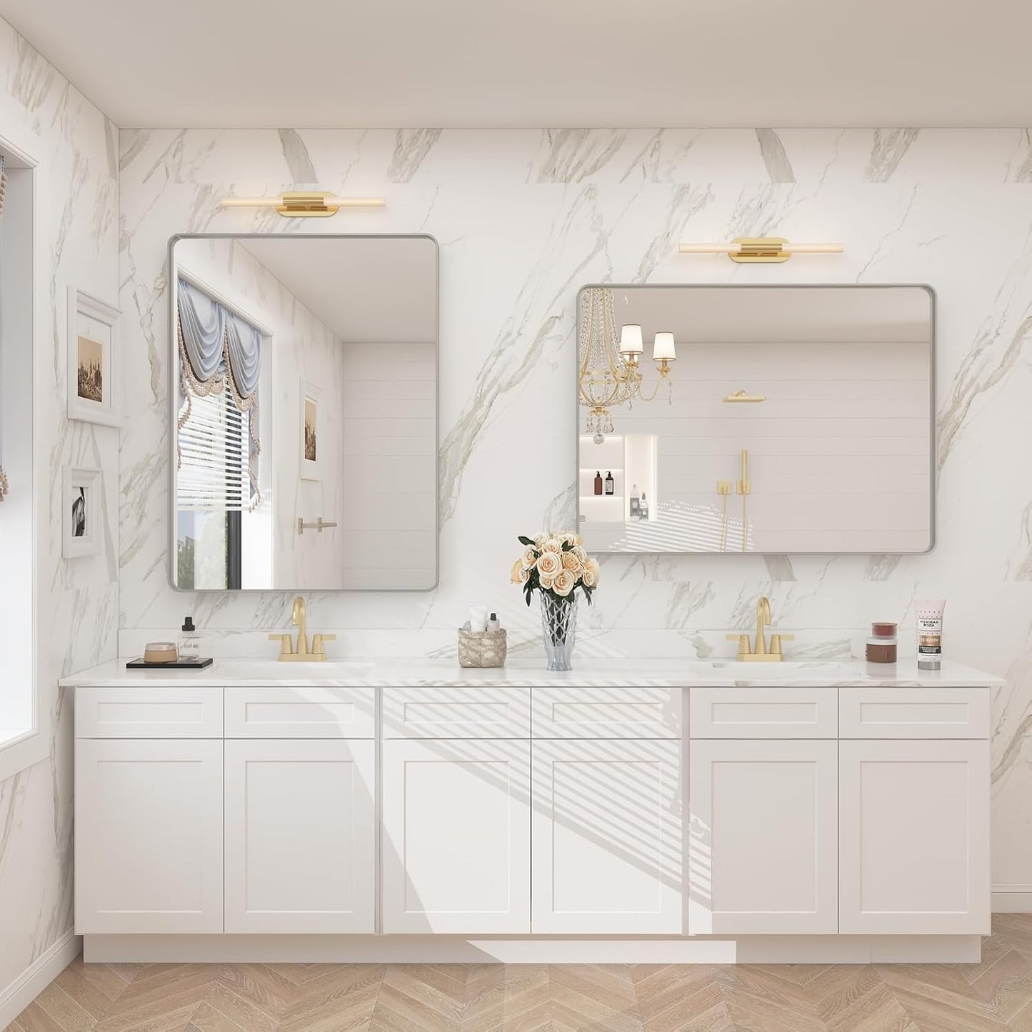 28x32 Silver Bathroom Mirror for Wall, Brushed Metal Framed Bathroom Vanity Mirror, Modern Rounded Corner Rectangle Mirror, Anti-Rust (Horizontal/Vertical)