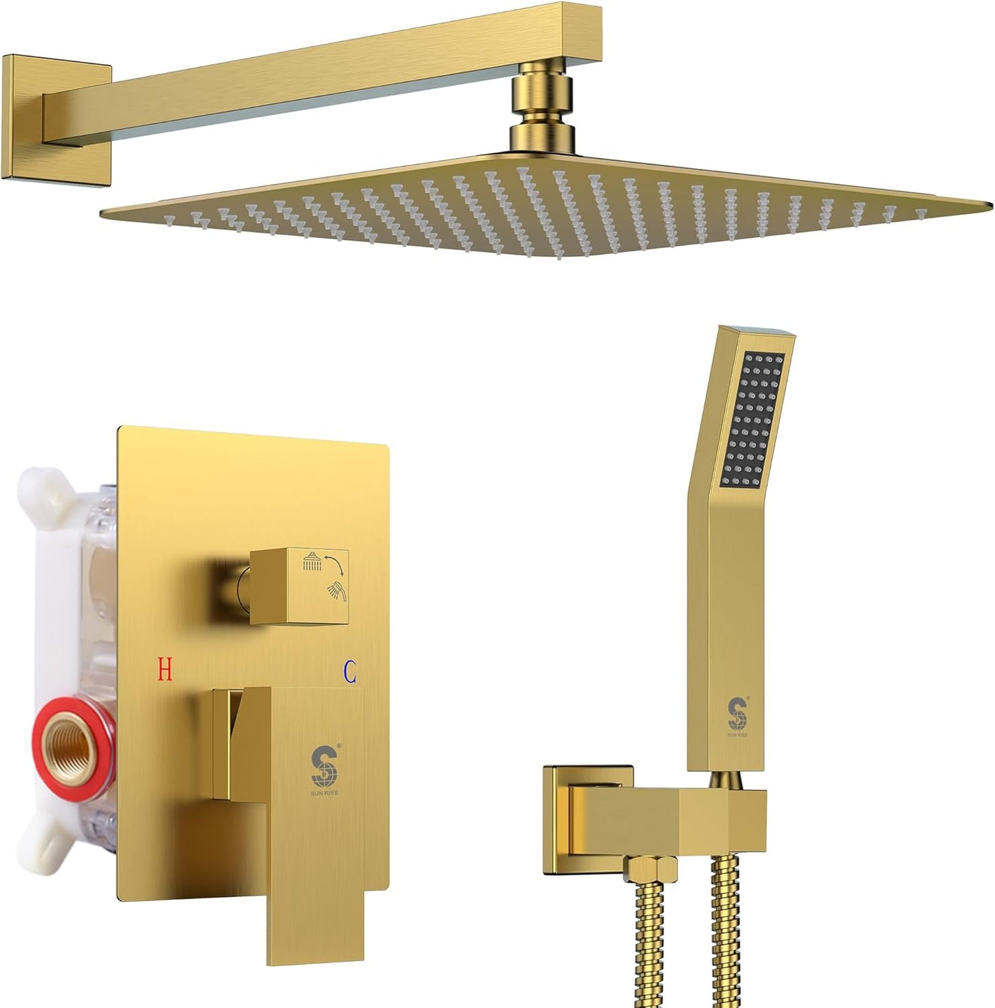 SR SUN RISE 12 Inches Bathroom Luxury Rain Mixer Shower Combo Set Wall Mounted Rainfall Shower Head System Brushed Nickel Finish Shower Faucet Rough-In (12 Inch, Brushed Gold)