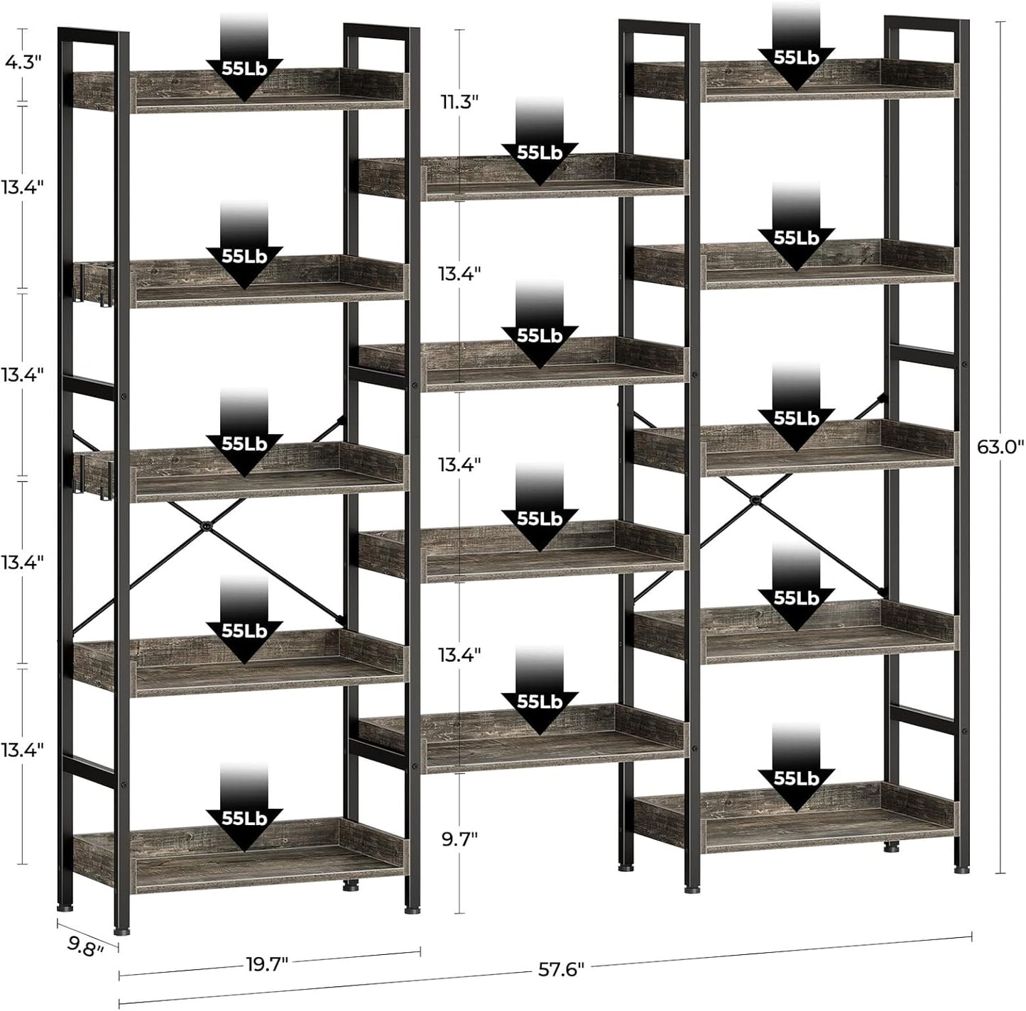 Rolanstar Bookshelf 5 Tiers, Triple Bookcase with Open Display Shelves, Industrial Wide Bookshelf with Metal Frame for Living Room, Office, Grey