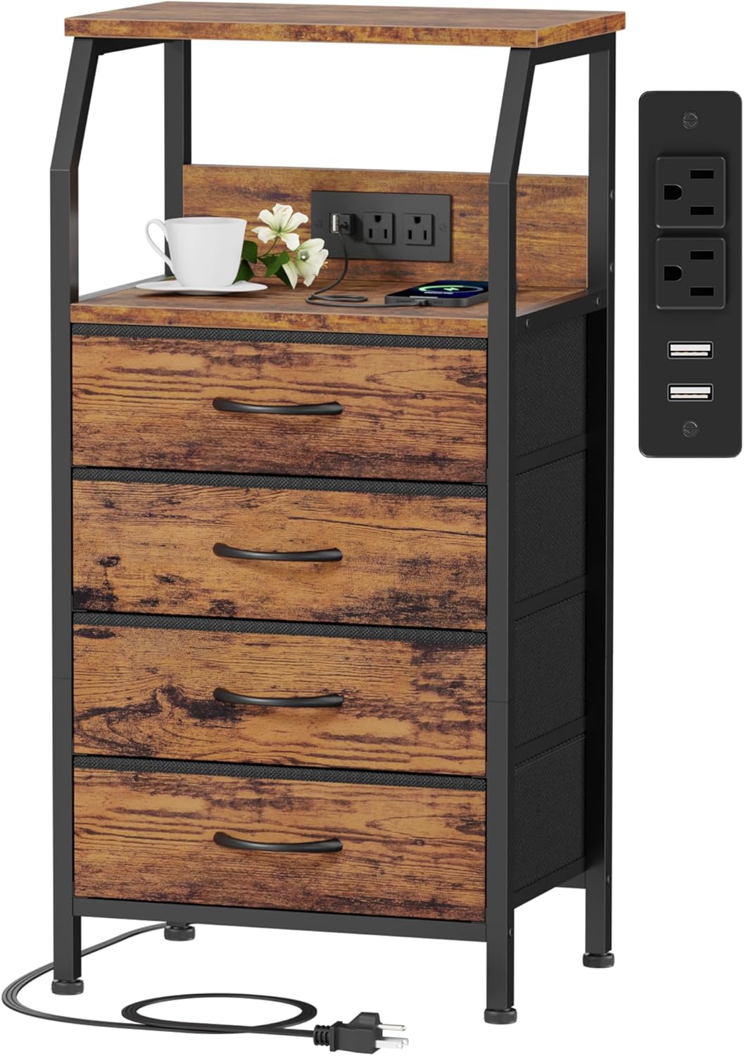 Furnulem Night Stand with Charging Station, Small Dresser with 4 Fabric Drawers, 33.3 Inch Tall Bedside Table, Storage Tower for Closet, Entryway, Bedroom Furniture, 3 Ways to Use, Rustic Brown