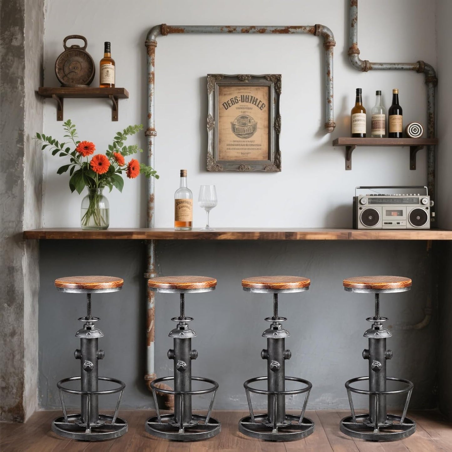 Topower Antique Industrial Round Bottom Adjustable Height Cafe Coffee Retro Vintage Stylish Water Pipe Design Pub Kitchen Bar Stool (Silver, Wooden Top)