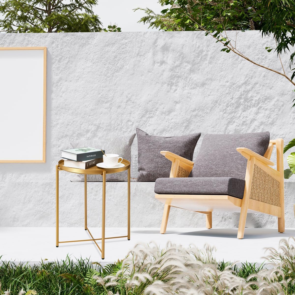 danpinera Gold Side Table 2 Pack, End Table for Small Spaces Outdoor Accent Table Round Metal Patio Coffee Table Waterproof Removable Tray for Living Room Bedroom Balcony Office