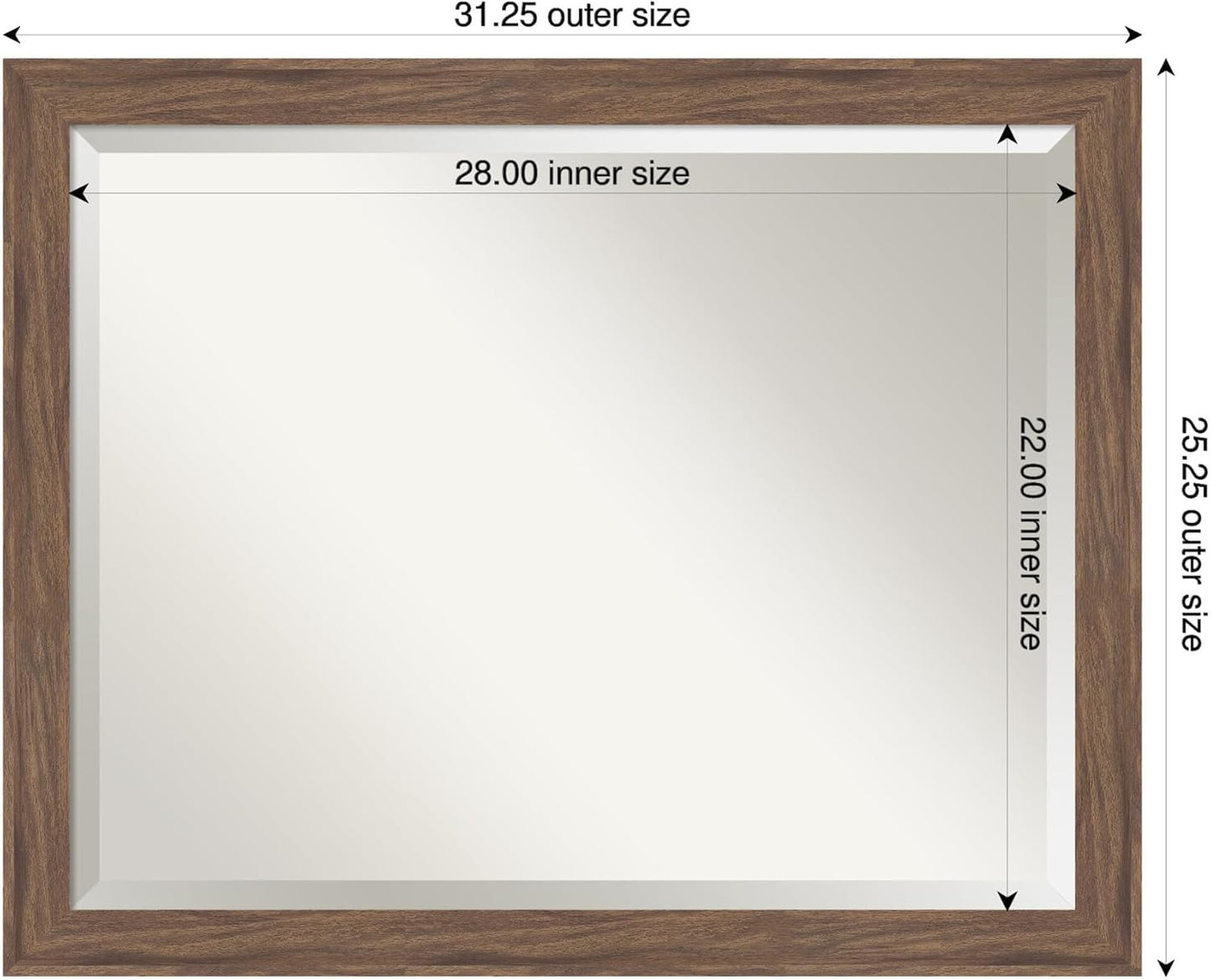 Amanti Art Brown Wall Mirror 25x31 Pia Medium Brown Narrow Rectangle Bathroom Mirror for Wall Decor Living Room, Large Casual Frame, Hangs Horizonally and Vertically, Bathroom Decor, Beveled Edge