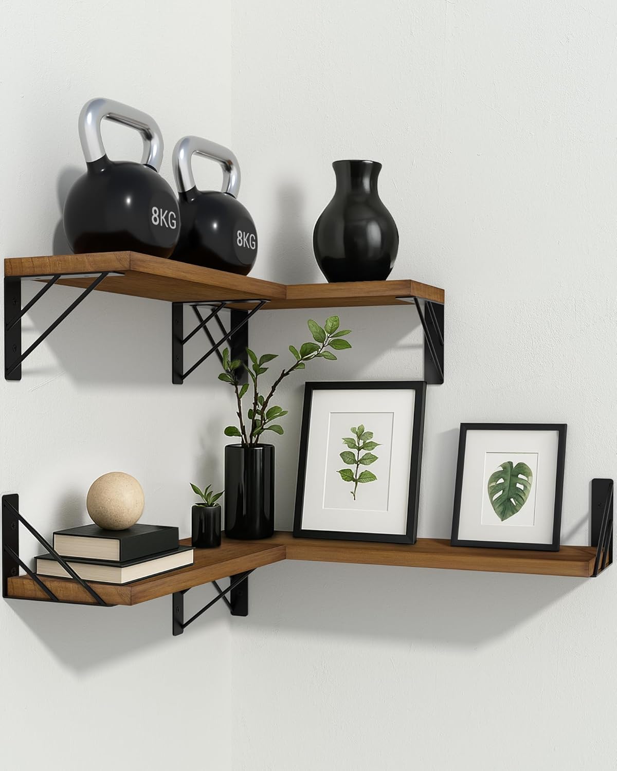 BAYKA Floating Shelves for Wall, Book Shelf for Bedroom, Decor Shelves for Living Room Kitchen, Mounted Wood Floating Shelf for Home Decor, Corner Shelf for Bathroom, Office(Walnut-Toned,Set of 4)