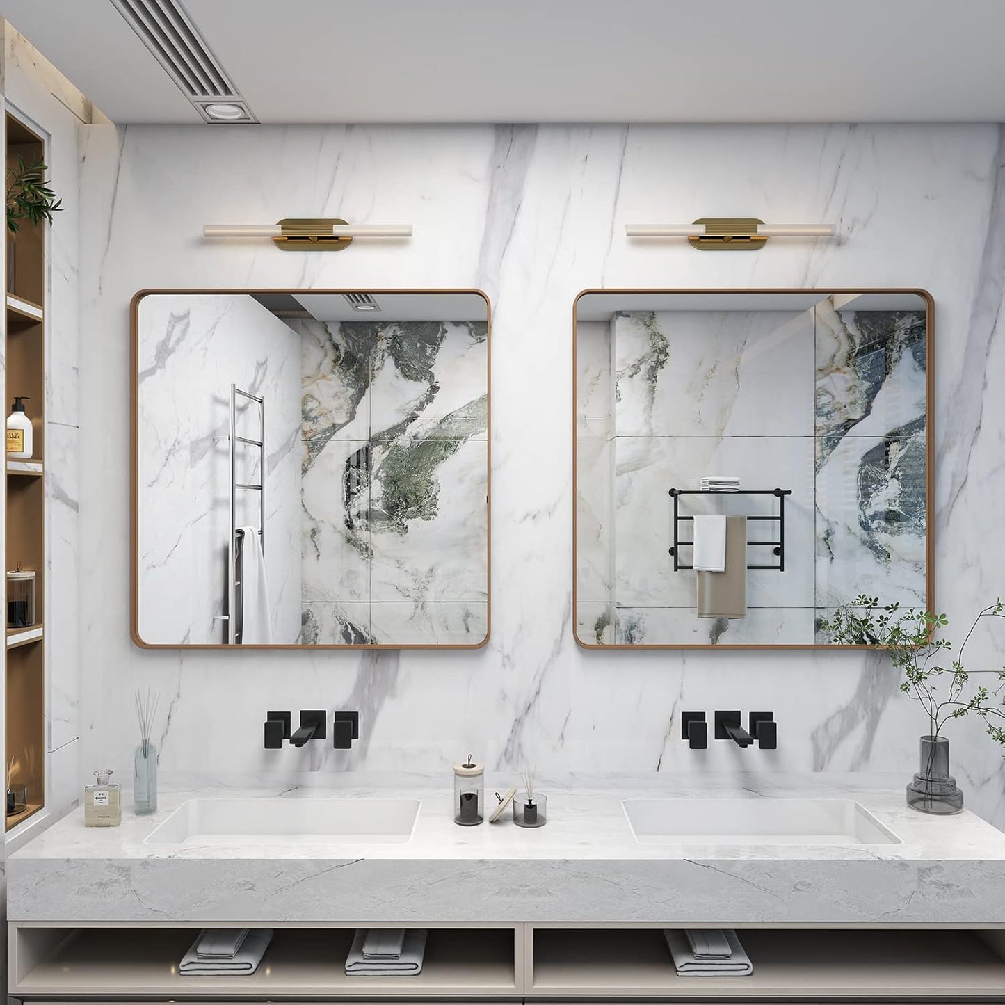 36x36 Square Gold Bathroom Mirror for Wall, Brushed Golden Framed Vanity Mirror, Modern Rectangle Metal Mirror for Entry, Shatterproof, Anti-Rust (Horizontal/Vertical)