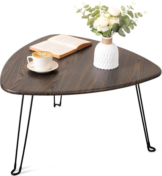 Folding Coffee Tables for Small Spaces Foldable Industrial Sofa Center Table Triangle Design Wood Framed Coffee Table Mid Century Rustic Brown Floor Desk for Living Room Balcony