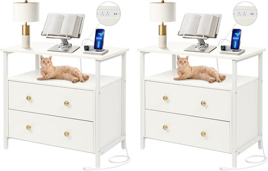 27 inch Wide Nightstand with Charging Station, Bedside Table with Open Shelf, 2 Drawers Small Wood Dresser, End Side Table for Bedroom (2 Pack,White)
