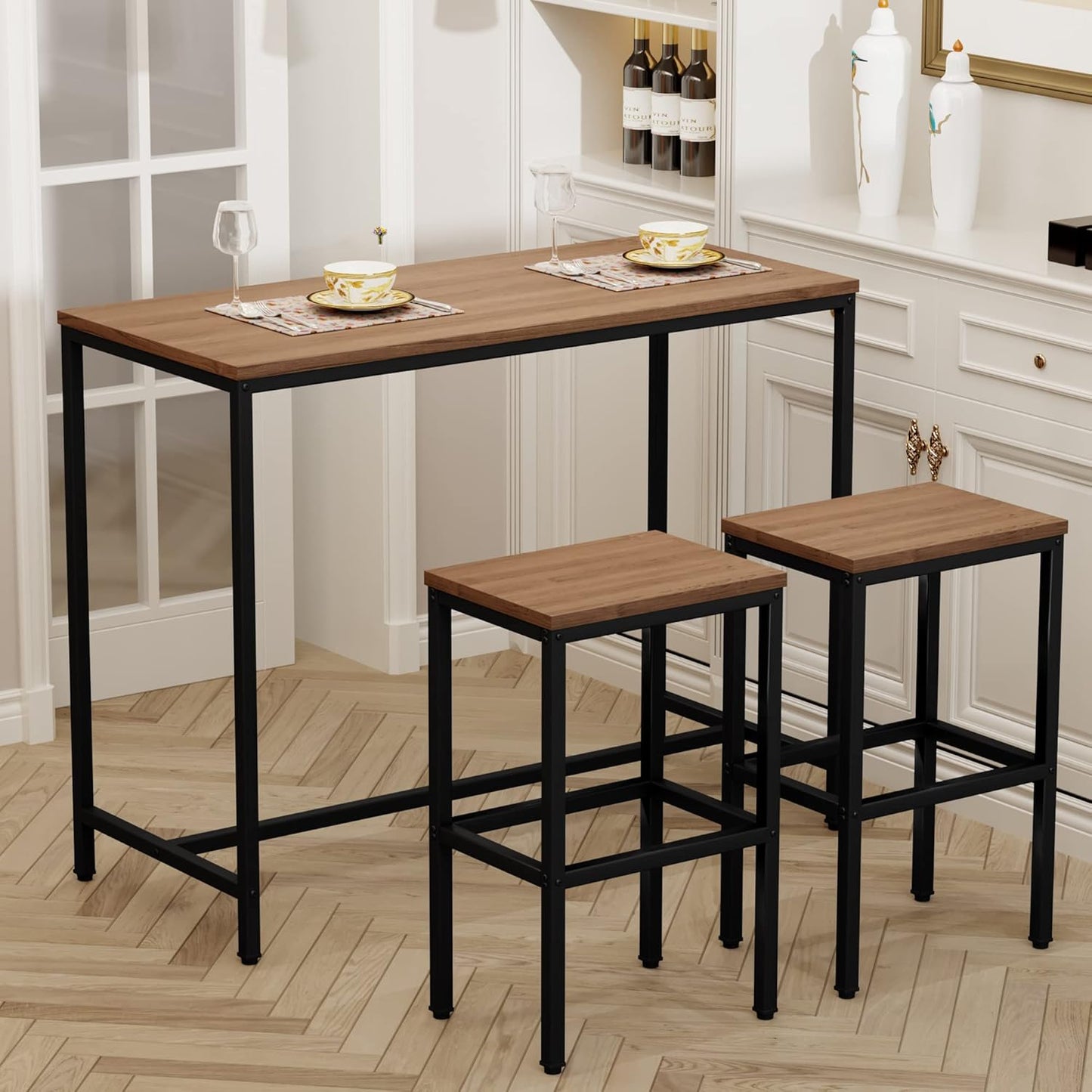 Aklaus Bar Table and Chairs Set 44" Dining Table Set Pub Bar Table with 2 Stools 3-Piece Kitchen Breakfast Table Set for Living Room Dining Room Sturdy Metal FrameBrown