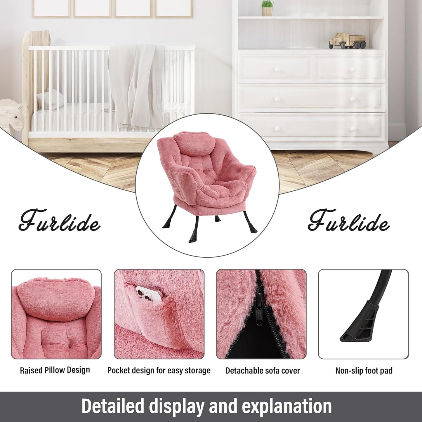 Lazy Chair with Ottoman, Modern Chair with Folding Footrest, Lounge Accent Chair, Comfortable Reading Chair (Plush Dark Pink)