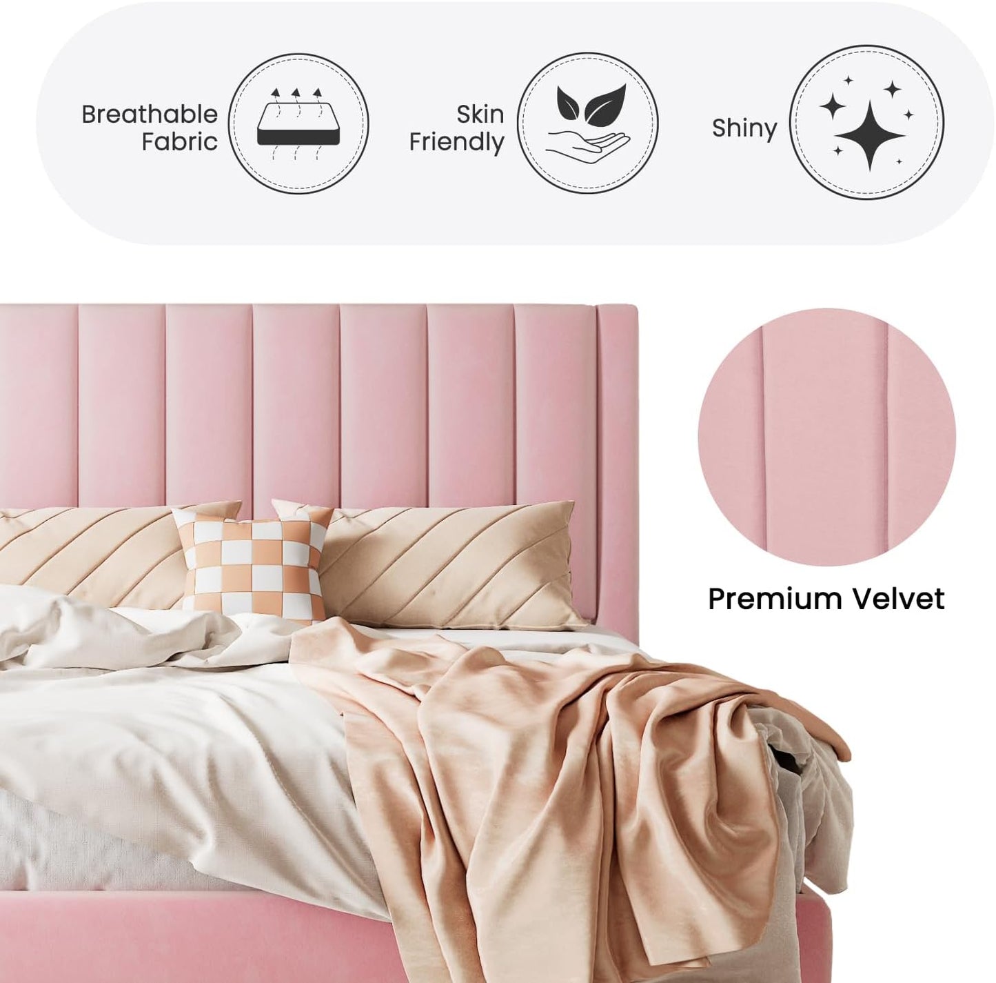 SHA CERLIN Twin Bed Frame/Velvet Upholstered Platform Bed Frame with Headboard/Strong Wood Slats Support/Mattress Foundation/No Box Spring Needed - Pink