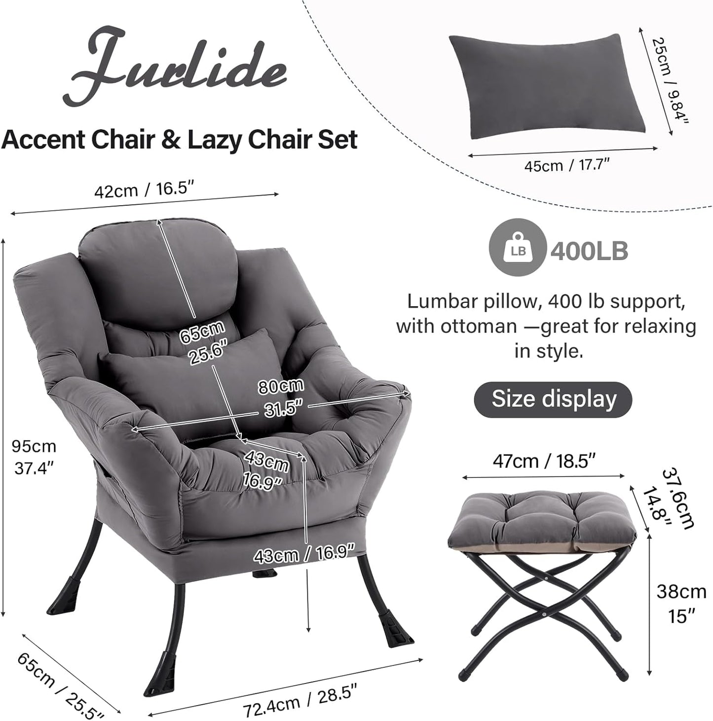 Lazy Chair with Ottoman, Comfy Fabric Accent Lounge Arm Chair with Lumbar Pillow and Folding Footrest, Reading Leisure Sofa Armchair for Bedroom, Living Room, Dorm,Dark Grey
