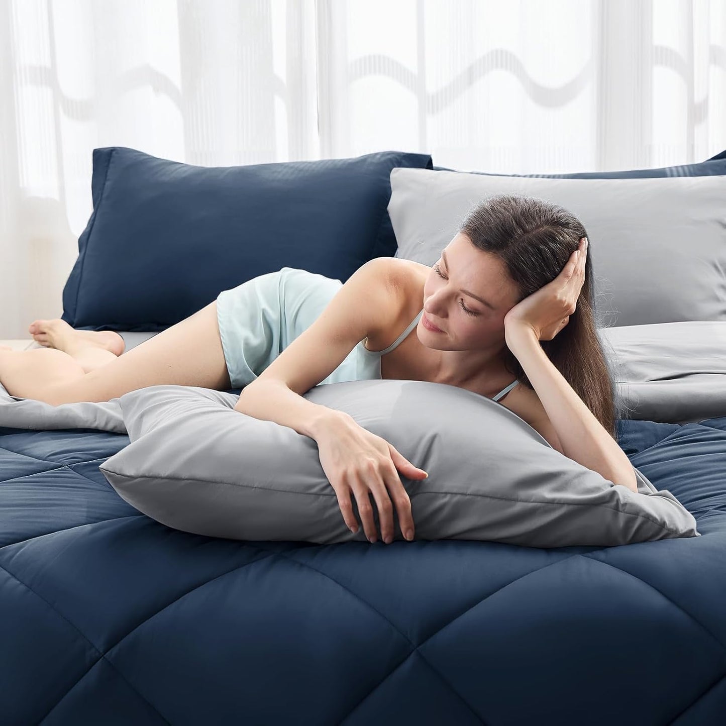 HEVUMYI Queen Comforter Set - 7-Piece All Season Bed in a Bag Queen, Ultra Soft Bedding Set with Comforter, Flat Sheet, Fitted Sheet, Pillowcases, Pillow Shams, Navy Blue & Light Grey