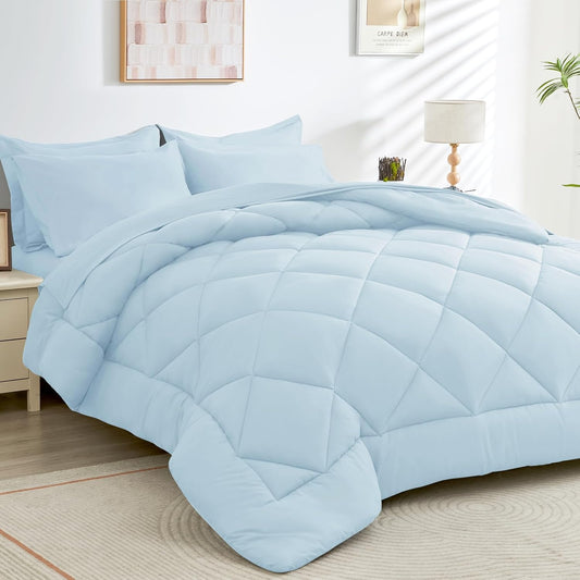HEVUMYI King Comforter Set - 7-Piece All Season Bed in a Bag King, Ultra Soft Bedding Set with Comforter, Flat Sheet, Fitted Sheet, Pillowcases, Pillow Shams, Greyish Blue