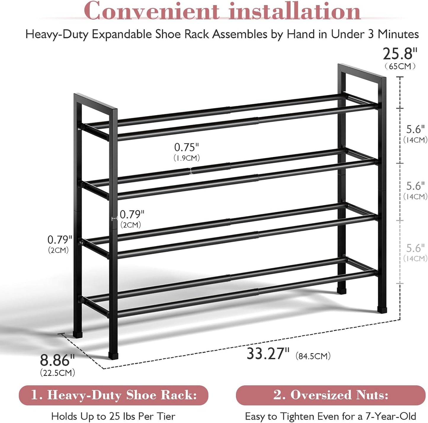 Bumusty 4-Tier Expandable Shoe Rack for Closet, 18“-33” Adjustable Shoe Rack for Small Space, Small Shoe Organizer for Front Door, Sturdy Metal, Black