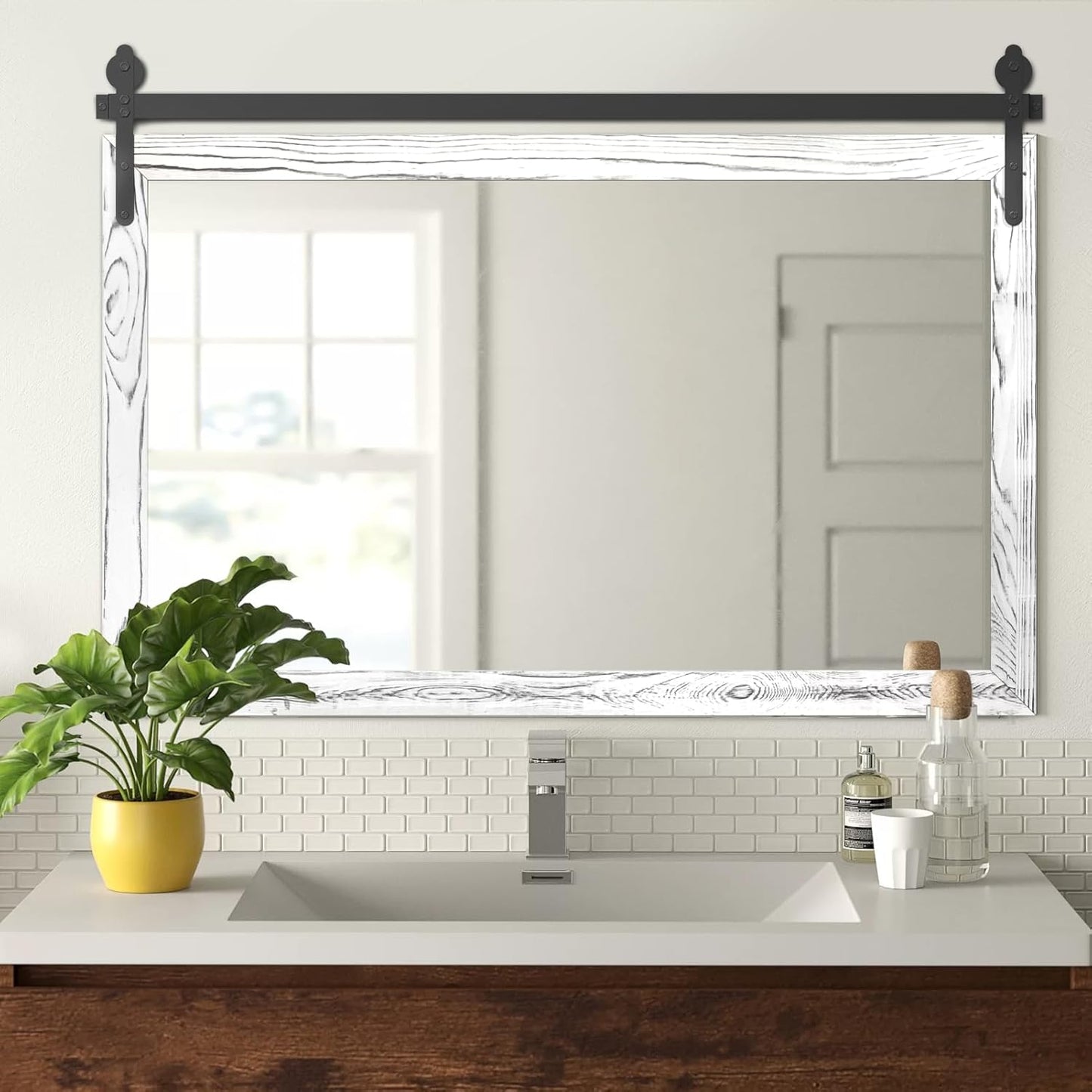 YOSHOOT Farmhouse Barn Door Mirror, 40"x26" Rustic Wood Framed Wall Mirror, Wall Mounted Vintage Mirror, Wooden Farmhouse Style for Bathroom Living Room Entryway, White, Horizontal Hanging ONLY