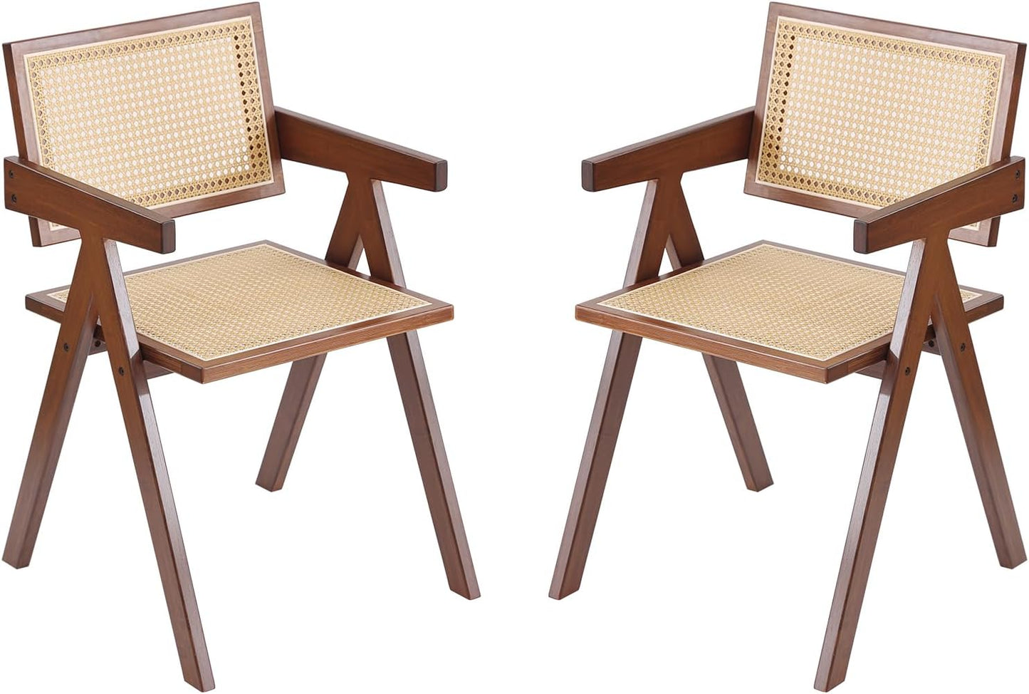 Tiita Rattan Dining Chairs Set of 2, Mid Century Modern Armchairs, Wooden Kitchen Chairs for Dining Room, Living Room, Walnut