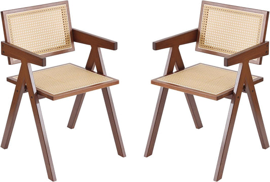 Tiita Rattan Dining Chairs Set of 2, Mid Century Modern Armchairs, Wooden Kitchen Chairs for Dining Room, Living Room, Walnut